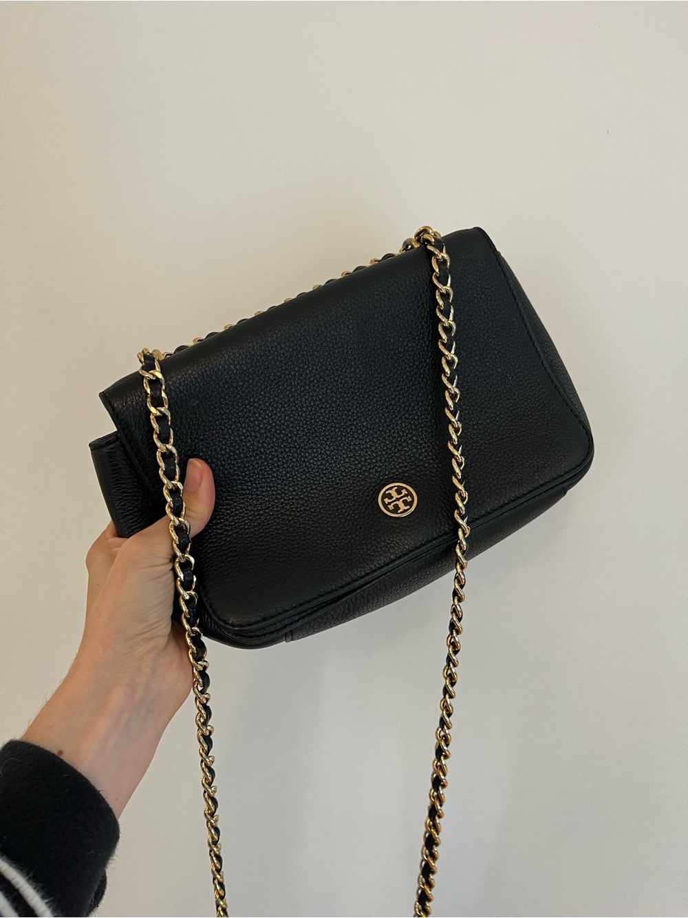 Tory Burch Robinson Black Pebbled Leather Flap Shoulder Bag with Gold Chain